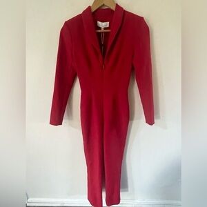NWT L’Academie Womens Red Poly Blend Long Sleeve Shoulder Pad Zip Front Jumpsuit